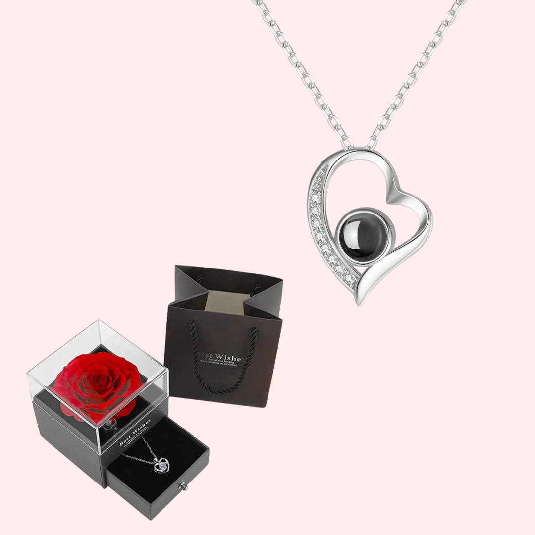 Rose éternel et Collier "Te Quiero" 100 Langues