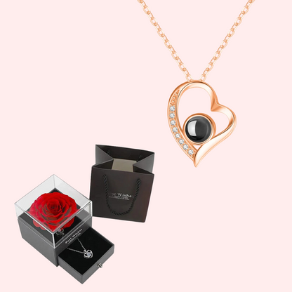 Rose éternel et Collier "Te Quiero" 100 Langues